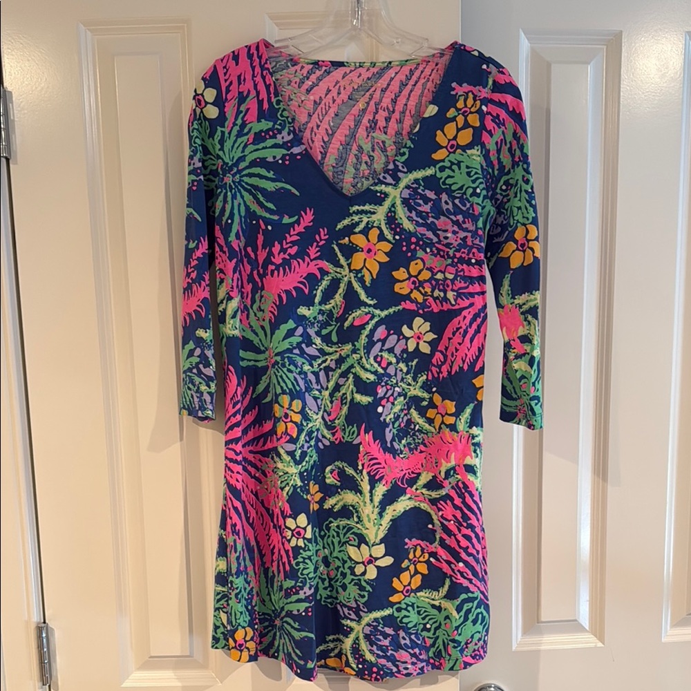 Lilly Pulitzer Erin Dress Indigo All a Glow 3/4 Sleeves Floral V-Neck